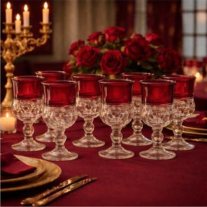 Vintage Tiffin King’s Crown Ruby Flash Goblets Set of 8 Pressed Glass Wine Glasses