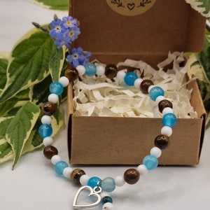Charmarmband Herz Anhänger Bettelarmband türkis-Braun Tigeraugearmband türkis-Braun handgefertigtes Trachtenarmband türkis Trachtenschmuck