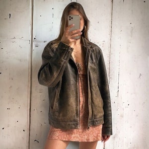 Ladies Brown Vintage Oversized Leather Jacket, Women 90,s Leather Biker Jacket