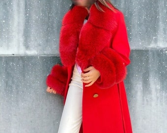 Red Coat For Women, Warm Cashmere Trench coat, Winter Removable Furs Coat, Wool Overcoat Jacket, Gift For Mom