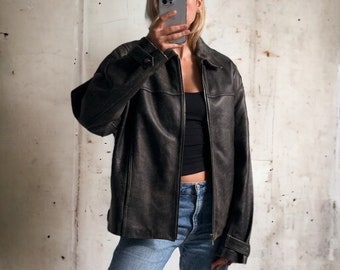 90er-Jahre-Damen-Vintage-Oversize-Zwangsjacke, schwarze Damen-Lederjacke, Damen-Bikerjacke, Bomberjacke, Geschenk für Mama