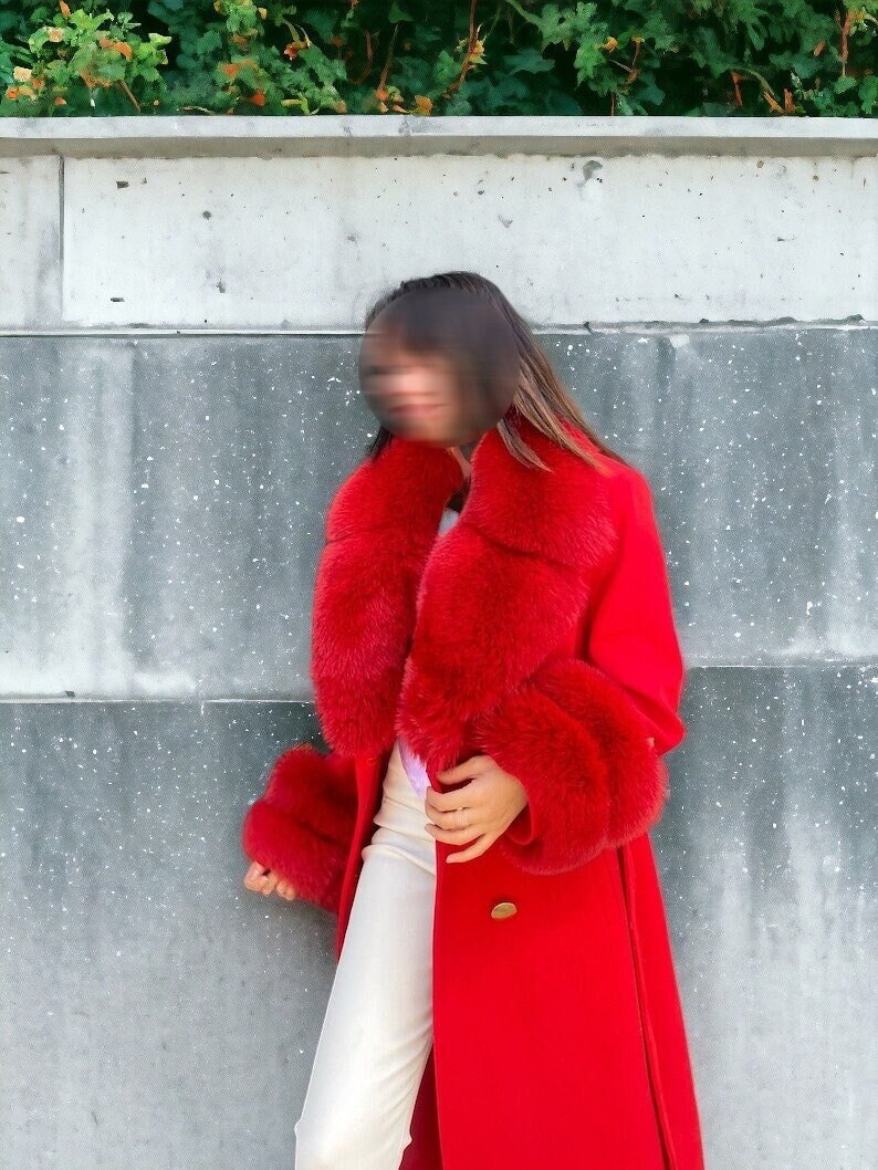 Red Coat for Women, Warm Cashmere Trench Coat, Winter Removable Furs