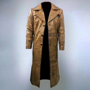Leather Vintage 90s Trench Coat, Long Steampunk Duster Coat, Winter Men Black Coat, Gift For Him Khaki