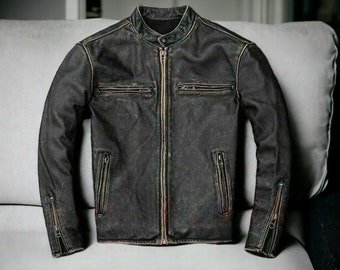 Blouson moto motard noir effet vieilli véritable style vintage pour homme, veste noire détachable, cadeau pour petit ami