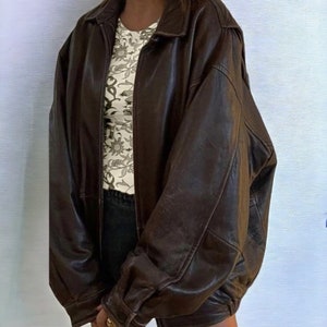 90's Womens Vintage Oversized Brown Jacket, Ladies Leather Jacket, Women Biker Bomber Jacket, Gift For Her