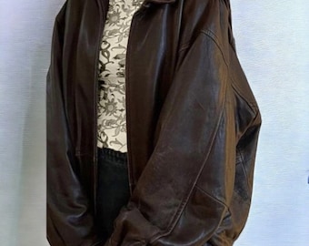 90's Womens Vintage Oversized Brown Jacket, Ladies Leather Jacket, Women Biker Bomber Jacket, Gift For Her