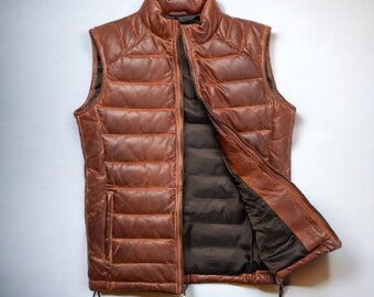 Men Leather Puffer Vest, Authentic Vintage Brown Leather Waistcoat, Mens Biker Jacket, Valentines Gift For Husband