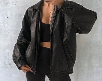 Damenmode Ästhetische Oversized Jacke, Schwarze 90er Jahre Vintage Jacke, Weiches Leder Casual Style Jacke, Geschenk für Frau oder Sie