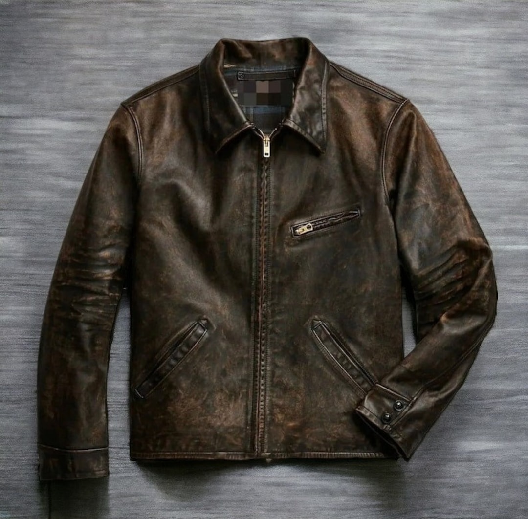 1950s Vintage Style Distressed Leather Jacket, Mens Handmade Motorcycle ...