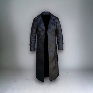 Leather Vintage 90s Trench Coat, Long Steampunk Duster Coat, Winter Men Black Coat, Gift For Him image 1