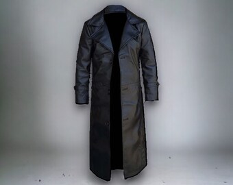 Leather Vintage 90s Trench Coat, Long Steampunk Duster Coat, Winter Men Black Coat, Gift For Him