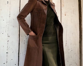 Damen Brauner Leder Trench Mantel, Damen Vintage Langer Ledermantel, Biker Damen Mantel, Geschenk für Sie