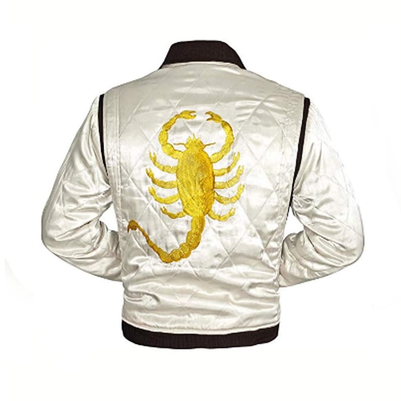 Drive Scorpion White Leichte Biker Casual Bomber Varsity Jacke Ryan Gosling, Geschenk für Freund Weiß
