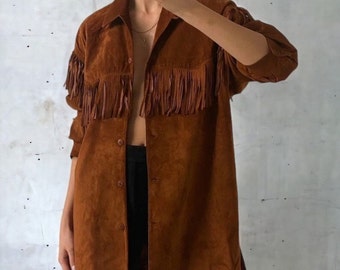 Damen Vintage Fransen Wildlederjacke, Beige Wildlederjacke, Cowgirl Western Style Jacke