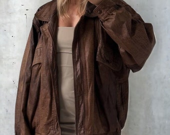 Women Brown Oversize Bomber 80s Distressed Leather Jacket, Brown Ladies Jacket , Gift For Her