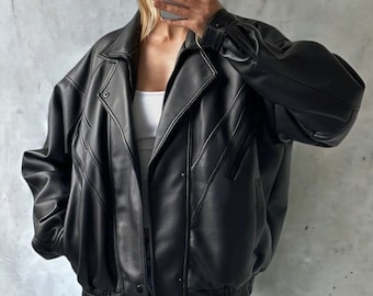Women Oversized Leather Jacekt, Retro Leather Jacket, High Quality Vintage Jacket, YKK Zip Up Jacket
