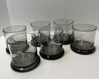 Vintage Star Kist Charlie Tuna Smokey Gray Glass Highball Set Of 6 1970s