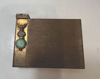Volupte Ribbed Goldtone Powder Compact/Lipstick Lock Vintage Green Stone