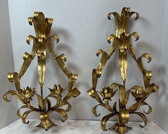 Hollywood Regency Mid Century Modern Gold Gilt Gilded WALL SCONCE Pair Set Of 2