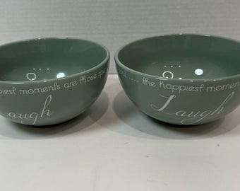 2 Canterbury Potteries Ltd. Circles of Love "LAUGH"  Green Coupe Cereal Bowls