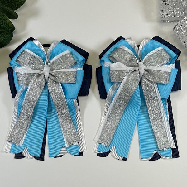 Equestrian Bows, Silver, Navy, Blue, Light Blue, White, Horse Show Bows, Pony Bows, Riding Bows, Competition Bows, Hair bows, Hair Accessory