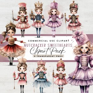May include: Watercolor clipart pack featuring nine Nutcracker Sweethearts. The illustrations depict charming female figures in various outfits, including military-style jackets, tutus, and ornate crowns. The color palette includes pinks, blues, and golds, with the text "Nutcracker Sweethearts Clipart Pack".