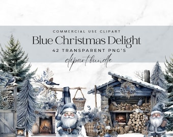 Blue Christmas clipart, Watercolor Winter Clipart, Cozy Christmas, PNGs, Digital clipart, Xmas, Santa, Vintage clipart, Commercial use, Blue