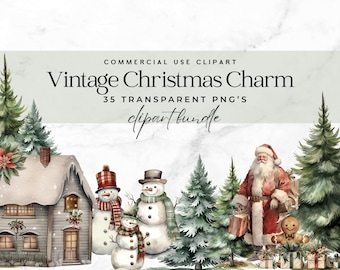 Christmas clipart, Watercolor Christmas Clipart,  Cozy Christmas, PNGs, Digital clipart, Xmas, Santa, Vintage clipart, Wreath Commercial Use