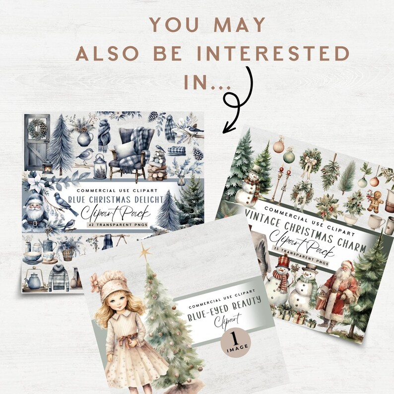 May include: Image featuring three clipart packs with Christmas themes. The packs include "Blue Christmas Delight," "Vintage Christmas Charm," and "Blue-Eyed Beauty." Each pack has a title, description, and the number of transparent PNGs.