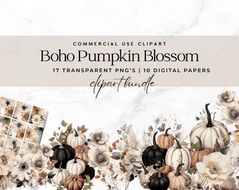 Fall Clipart, Boho Pumpkin, Boho Floral, muted clipart, vintage clipart pack, Commercial Use, Pumpkins Floral Clipart, Dry Flowers, Digital