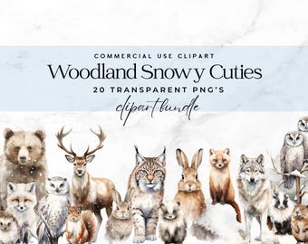 Forest Animals Clipart, cute watercolor woodland wolf, bear, rabbit, deer, caribou, snow, Transparent PNGs, Instant Download, Invites
