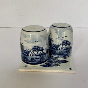 Vintage Delft Blue and White Ceramic Tile with Salt and Pepper Shakers from Holland