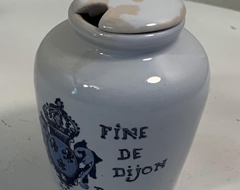 Vintage Grey Poupon Mustard Jar with Lid, Mid Century Digoin Sarreguemines France Ceramic Crock, Blue and White French Country Kitchen Decor