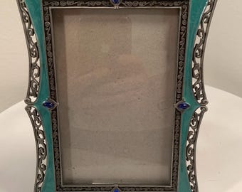 Vintage Aqua Enamel and Dark Blue Rhinestone 7 1/2" X 5 1/2" Metal Picture Frame