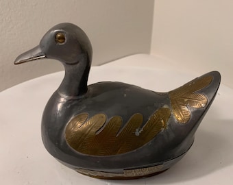Vintage Pewter and Brass Duck Trinket Box, Mid Century Lidded Metal Duck Figurine, Hollywood Regency Valet Coin Dish, Bird Lover Gift