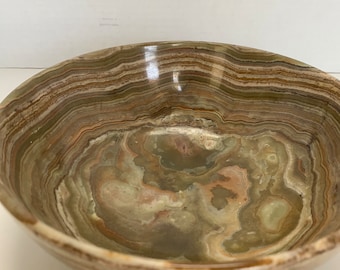 Vintage Bonded Green Onyx Stone Carved 8" Bowl