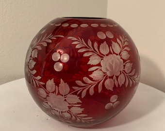 Large Vintage Bohemian Ruby Red Cut to Clear Glass Rose Bowl Vase 7" Egermann Style Perfect Condition