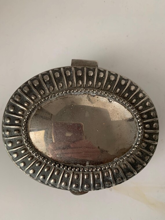 Vintage Oval Silver Colored Metal Jewelry Box or Trinket Box View 2