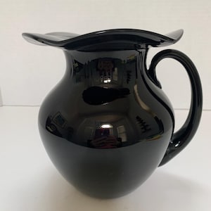 Vintage Black Amethist Pressed Glass Pitcher/Vase with Ruffled Rim and Handle