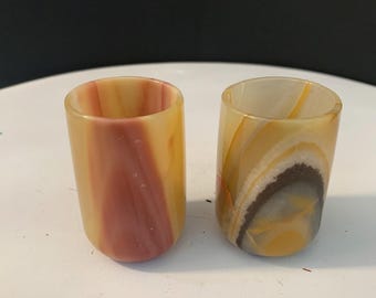 Set of 2 Vintage Handcarved Onyx Stone Shot Glasses, Cordial Goblets, Candle Holders