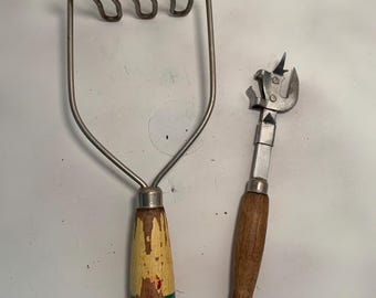 Vintage Kitchen Utensils - A&J Bottle and Can Opener and a Hand-held Potato Masher