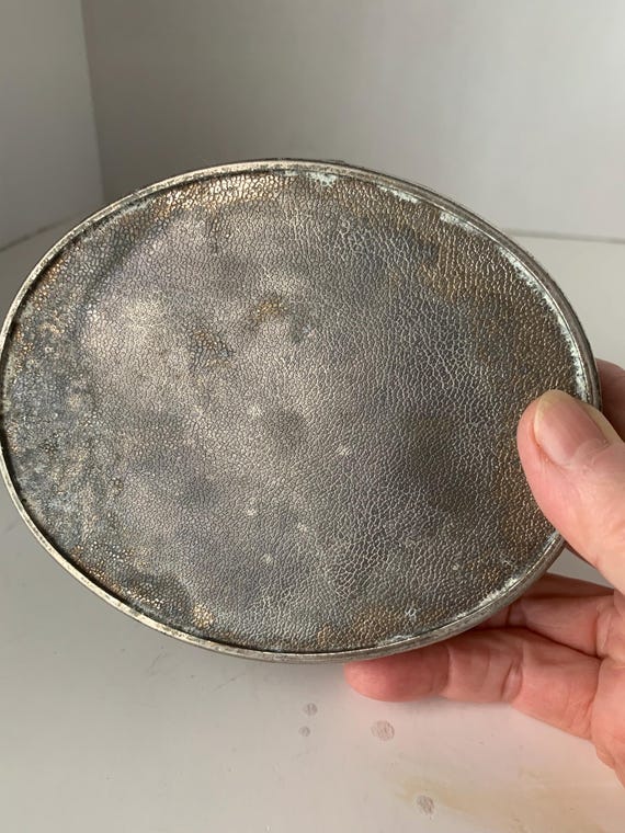 Vintage Oval Silver Colored Metal Jewelry Box or Trinket Box View 3