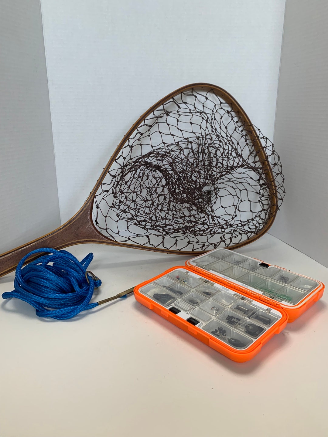 Tackle Box Netting Vintage Trout Landing Net, Small Tackle Box, and Stringer Braided Cord ...