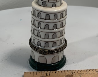 Vintage Porcelain Leaning Tower of Pisa Hinged Trinket Box or Pill Box