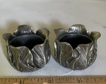 Pair of Vintage Heavy Cast Pewter Cabbage Leaf Single Candle Holders