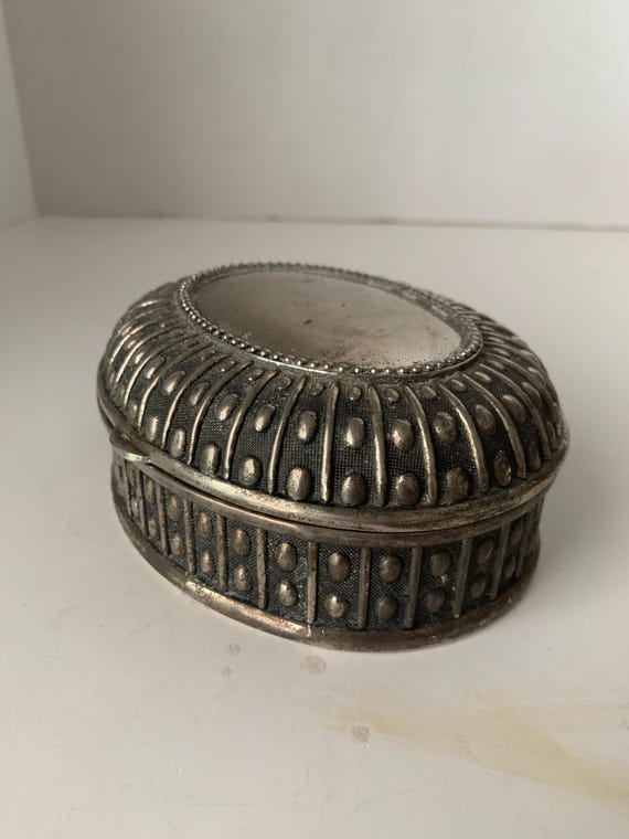 Vintage Oval Silver Colored Metal Jewelry Box or Trinket Box View 6
