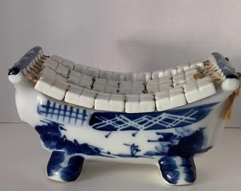 Vintage Japanese Pillow Blue and White Transferware Porcelain
