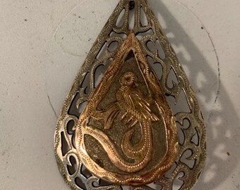 Vintage Guatemalan 900 Silver Teardrop Pendant or Brooch, 10K Rose Gold Overlay Mayan Quetzal Bird Charm Hand Pierced Filigree