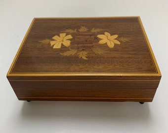 Vintage Lacquered Wood Jewelry Music Box with Inlaid Flowers