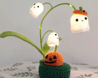 Virkad handgjord Halloween-spökenlampa, färdig produkt, höst- och höstdekoration för skrivbord, pumpa, amigurumi-växt